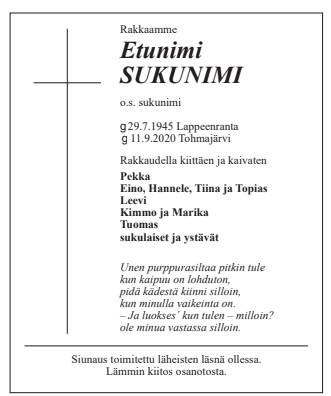 Esimerkki kuolinilmoituksesta